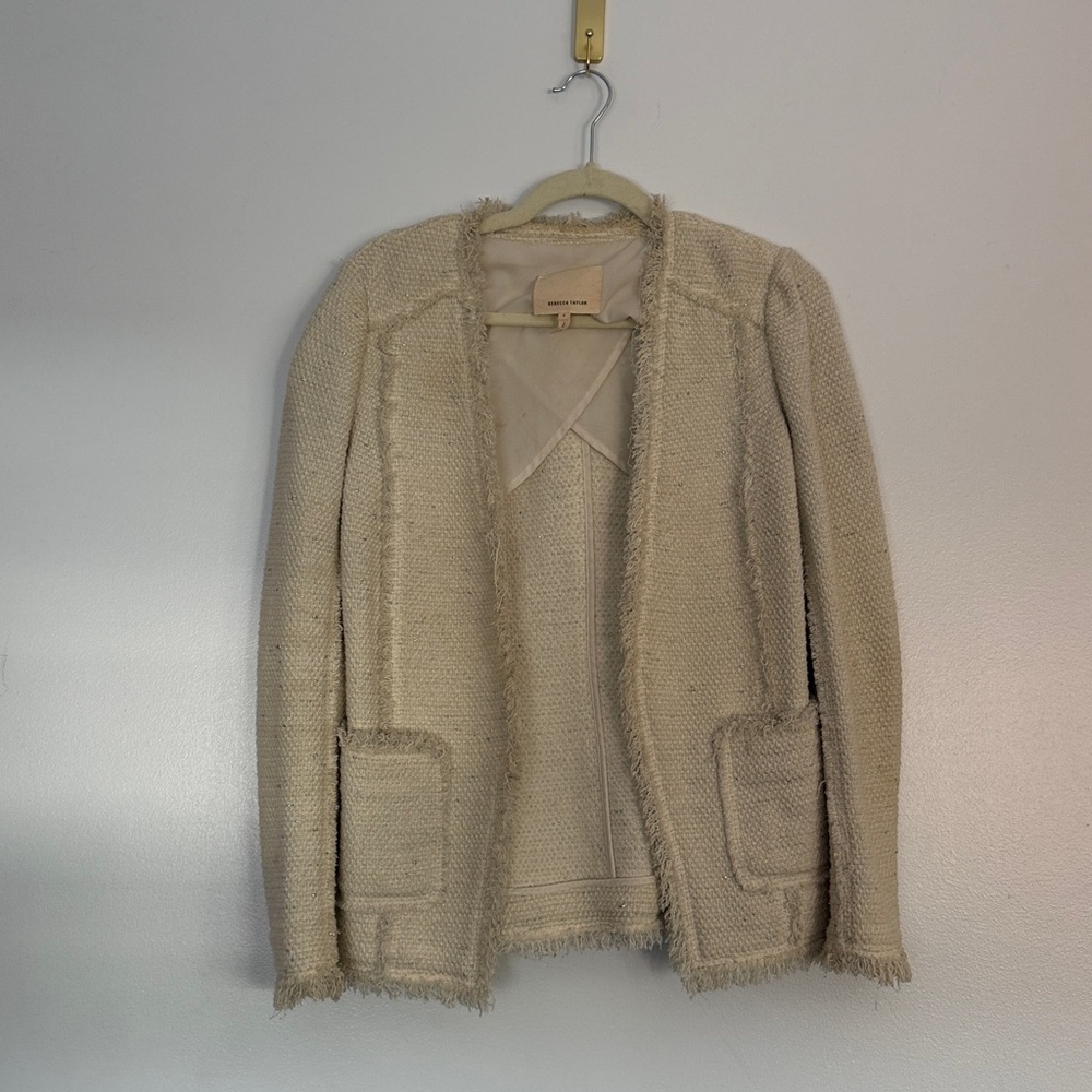 Rebecca Taylor Cream Bouclé Frayed Open Jacket